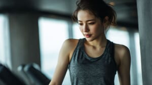 ランニングマシン後に軽い陸酔いを感じる40代女性のイメージ